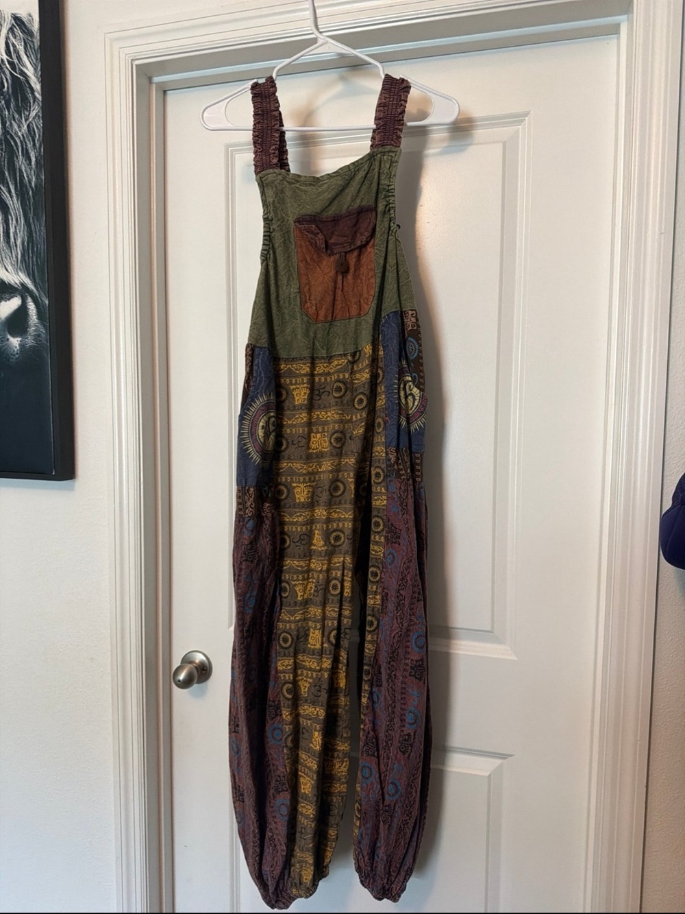 Boho Maxi Harem Overalls  in Olive, Brown & Purple